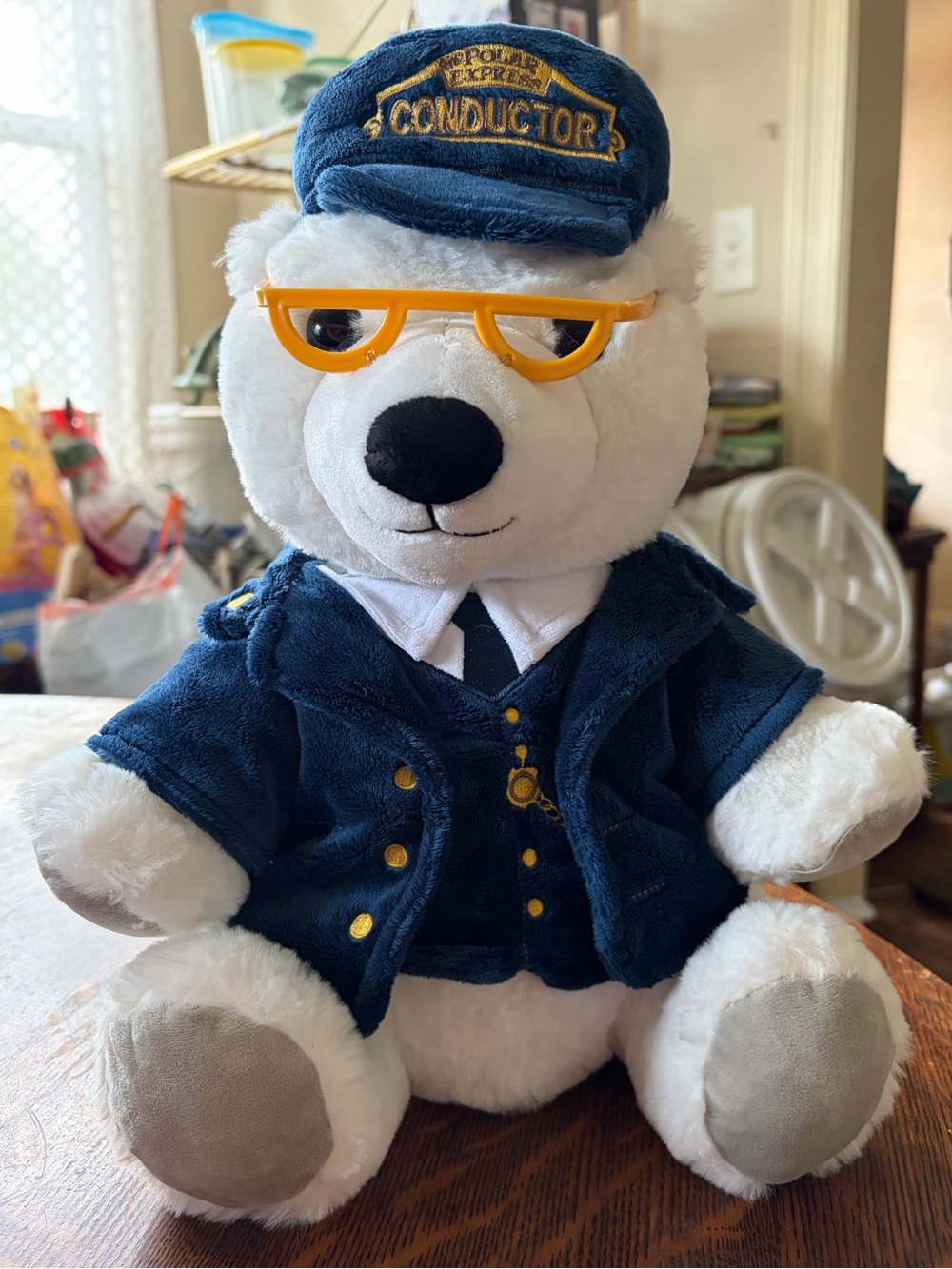 Conductor Polar Bear Plush in Navy Uniform with Yellow Glasses